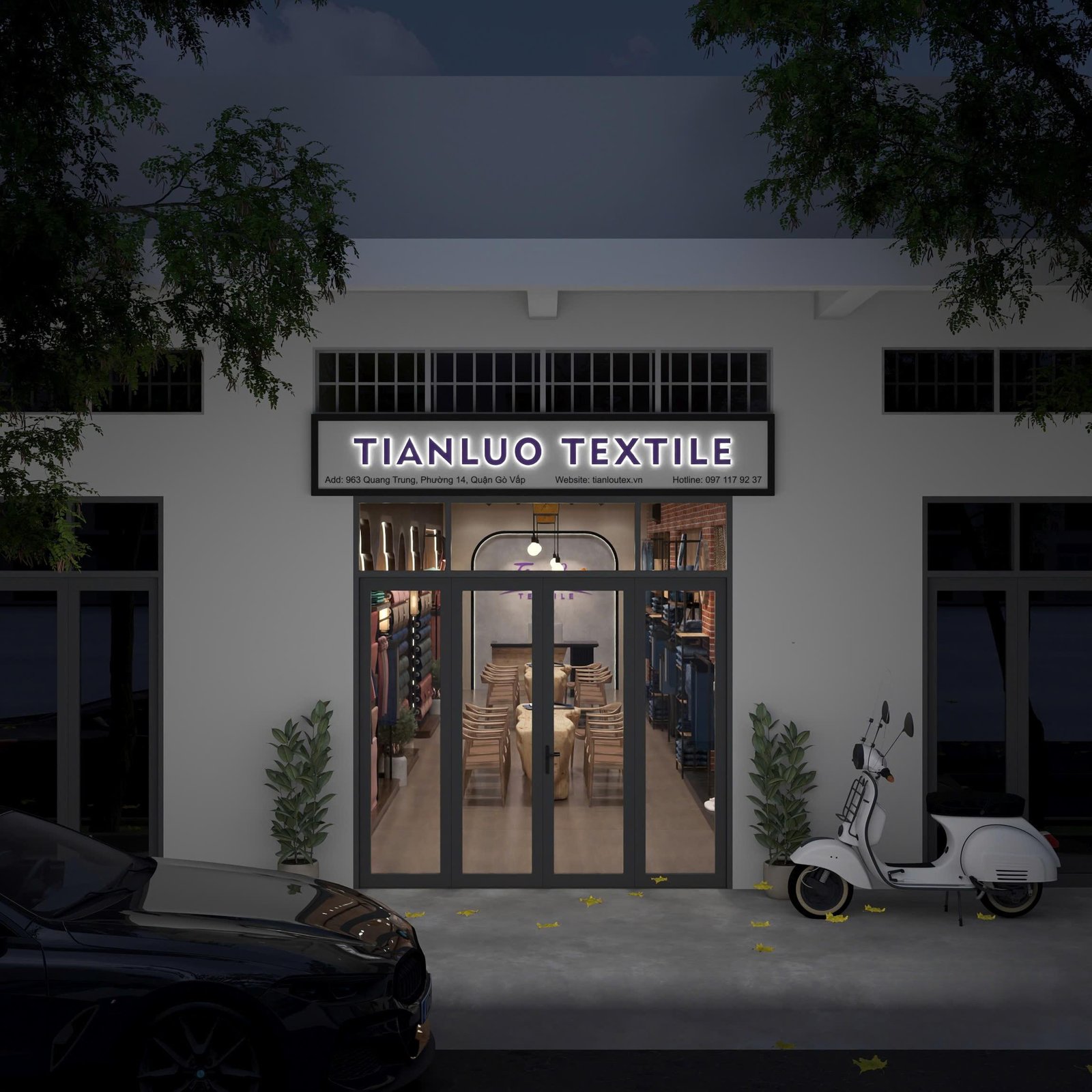 Tianluo Textile storefront at night