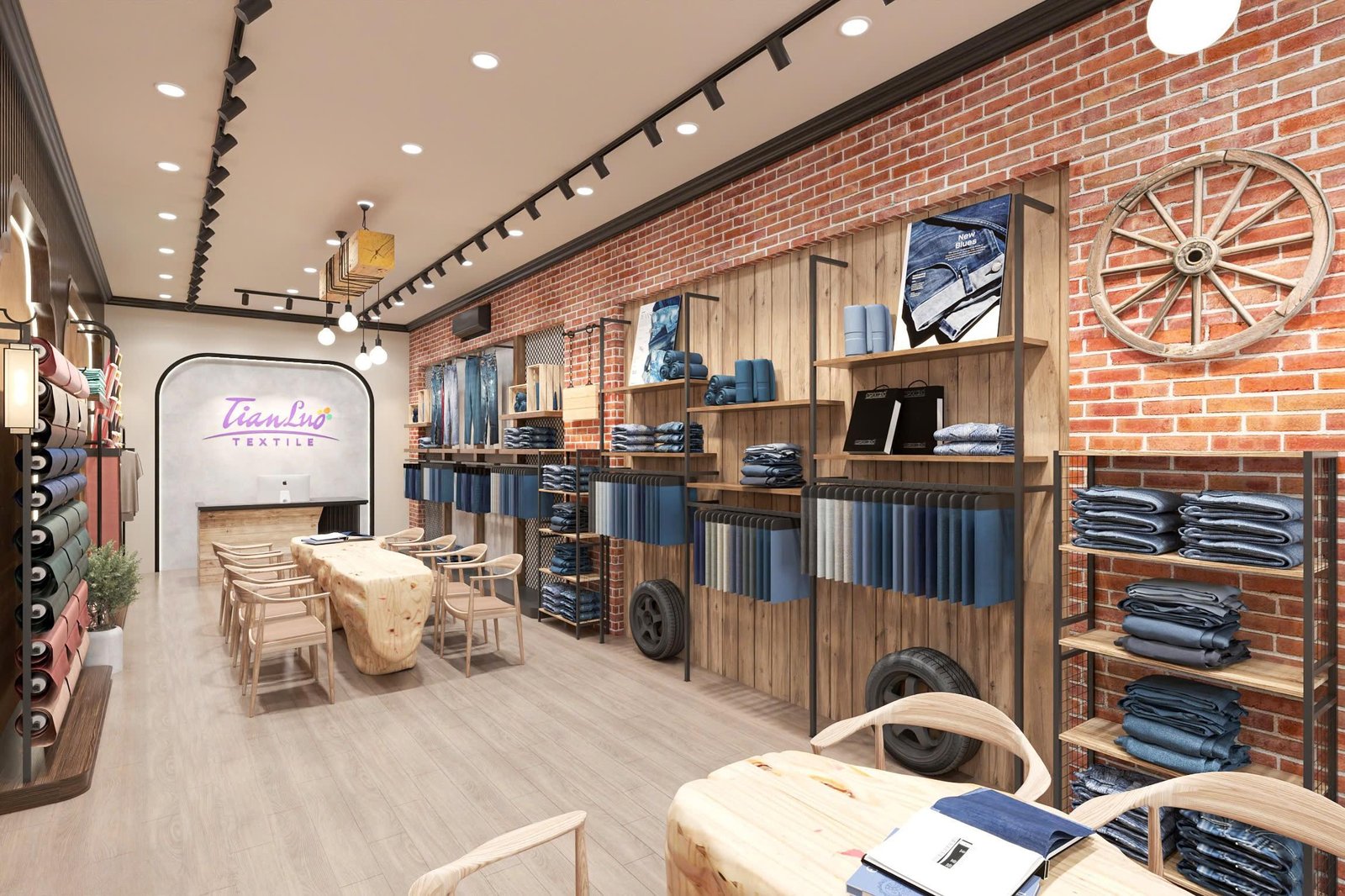 Denim corner with folded jeans shelving